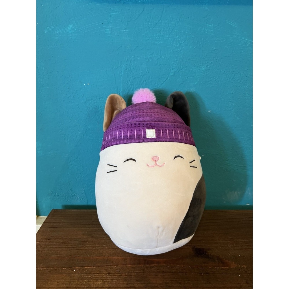 Squishmallows 16" Inch Cam the Calico Cat Wearing Purple Beanie Winter Hat